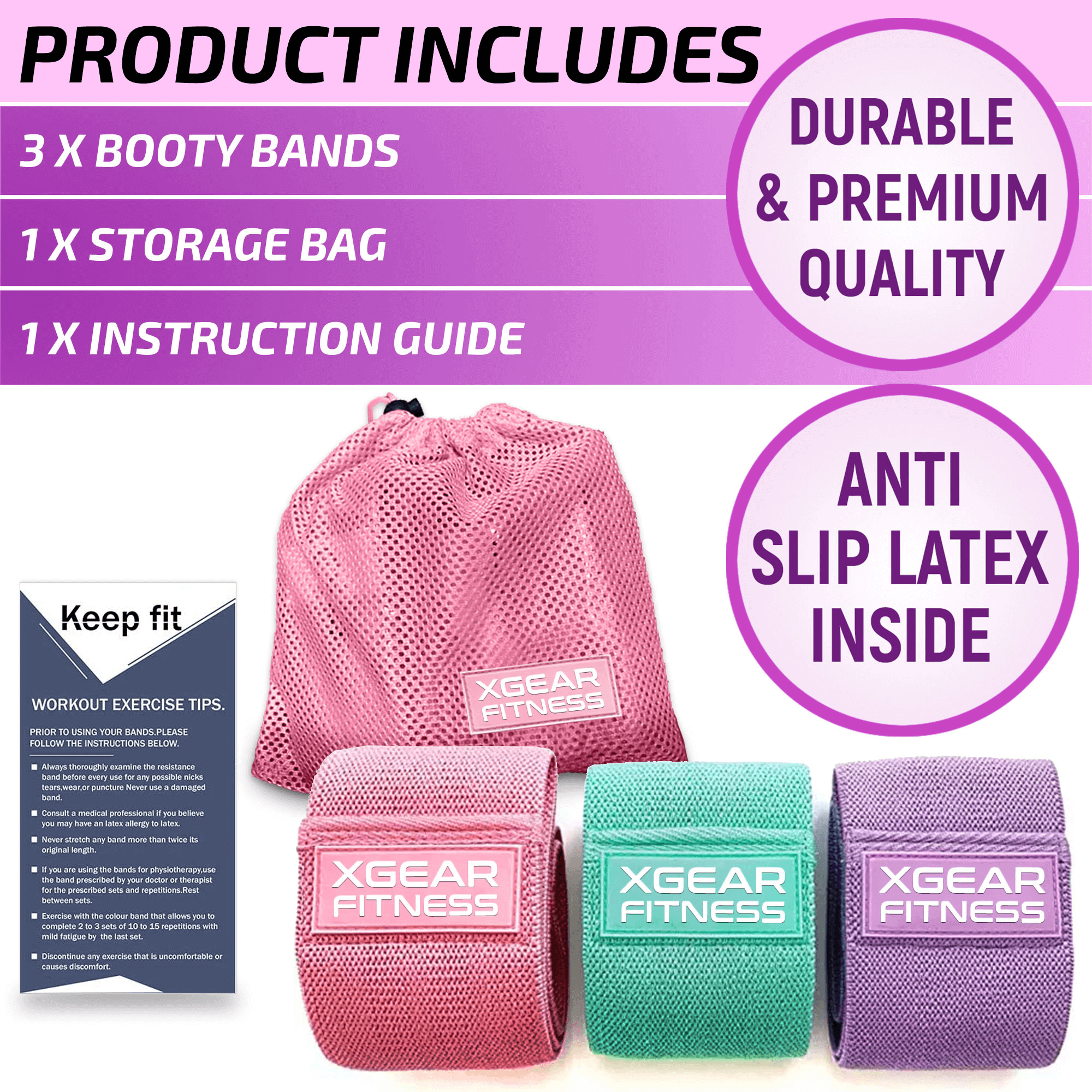 XGear Fitness Fabric Resistance Bands — Set of 3 for Glutes and Hips